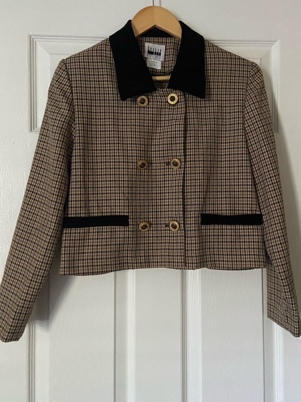 Vintage Leslie Fay Tan & Brown Plaid Blazer with Black Trim